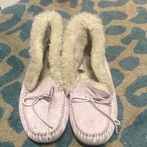UGG Pink Suede Moccasin Slippers with Shearling Trim